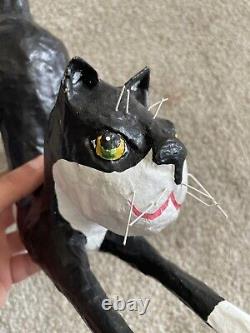 RARE 1995 Vintage Halloween Paper Mache Black Cat Pouncing Signed Jeanie Schiff