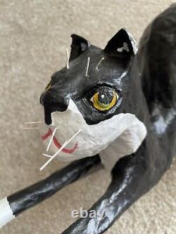 RARE 1995 Vintage Halloween Paper Mache Black Cat Pouncing Signed Jeanie Schiff