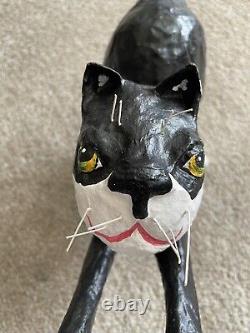 RARE 1995 Vintage Halloween Paper Mache Black Cat Pouncing Signed Jeanie Schiff