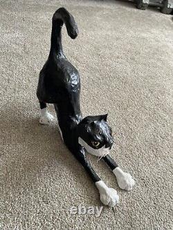 RARE 1995 Vintage Halloween Paper Mache Black Cat Pouncing Signed Jeanie Schiff