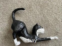 RARE 1995 Vintage Halloween Paper Mache Black Cat Pouncing Signed Jeanie Schiff