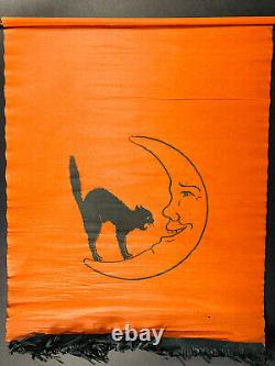 RARE Antique Halloween Crepe Paper Banner Black Cat & Moon dennisons