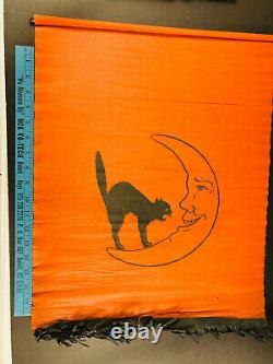 RARE Antique Halloween Crepe Paper Banner Black Cat & Moon dennisons