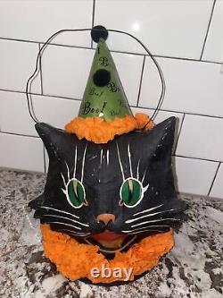 RARE Bethany Lowe HALLOWEEN Paper Mache Sassy Black Cat Green Hat Lantern Bucket