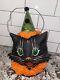 Rare Bethany Lowe Halloween Paper Mache Sassy Black Cat Green Hat Lantern Bucket