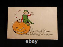 RARE Halloween Pixie/Elf Sitting Atop Happy JOL-HTF- Pub. By Woehler-Vtg