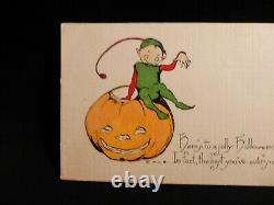 RARE Halloween Pixie/Elf Sitting Atop Happy JOL-HTF- Pub. By Woehler-Vtg