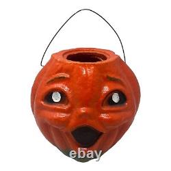 RARE Large Paper Mache Pumpkin Halloween 8 JOL with Face and Wire Handle