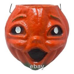 RARE Large Paper Mache Pumpkin Halloween 8 JOL with Face and Wire Handle