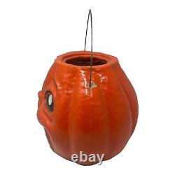 RARE Large Paper Mache Pumpkin Halloween 8 JOL with Face and Wire Handle