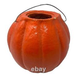 RARE Large Paper Mache Pumpkin Halloween 8 JOL with Face and Wire Handle