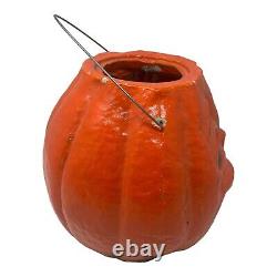 RARE Large Paper Mache Pumpkin Halloween 8 JOL with Face and Wire Handle