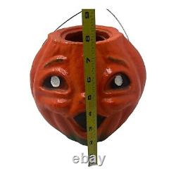 RARE Large Paper Mache Pumpkin Halloween 8 JOL with Face and Wire Handle