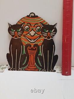 RARE Old Vintage Halloween Cardboard Diecut Die Cut Beistle Cats JOL 1930s-50s