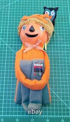 RARE Orange Pumpkin Knee Hugger Scarecrow w Owl Halloween Japan Pixie Sitter