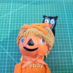 RARE Orange Pumpkin Knee Hugger Scarecrow w Owl Halloween Japan Pixie Sitter