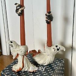 RARE VTG Fitz & Floyd Halloween Ghosts Scared of Spiders Candle Holders + Box