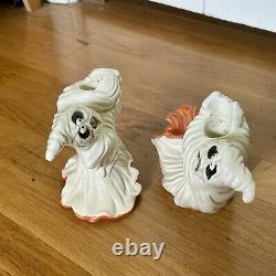 RARE VTG Fitz & Floyd Halloween Ghosts Scared of Spiders Candle Holders + Box