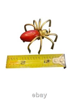 RARE Vintage 1930s Red & Brass Bakelite SPIDER Brooch Pin Halloween Goth Deco