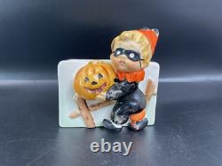 RARE Vintage 1960's Relpo Halloween Boy Mask Fence Pumpkin Planter Ceramic A1563