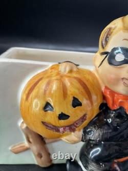 RARE Vintage 1960's Relpo Halloween Boy Mask Fence Pumpkin Planter Ceramic A1563