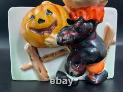 RARE Vintage 1960's Relpo Halloween Boy Mask Fence Pumpkin Planter Ceramic A1563