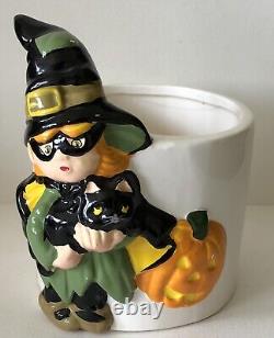 RARE Vintage 1970s Halloween Ceramic WITCH Girl CAT Jack O Lantern JOL Planter