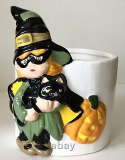 RARE Vintage 1970s Halloween Ceramic WITCH Girl CAT Jack O Lantern JOL Planter