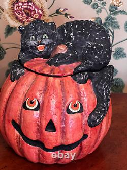 RARE Vintage Bethany Lowe Black Cat Jack O' Lantern Halloween Container