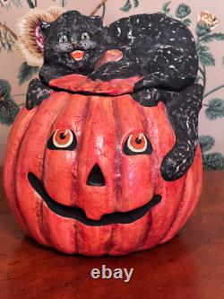 RARE Vintage Bethany Lowe Black Cat Jack O' Lantern Halloween Container