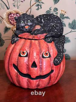 RARE Vintage Bethany Lowe Black Cat Jack O' Lantern Halloween Container