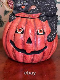 RARE Vintage Bethany Lowe Black Cat Jack O' Lantern Halloween Container