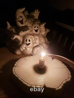 RARE Vintage Ceramic Ghost Huddle Party Halloween Light Up Pile Of Ghosts & Base