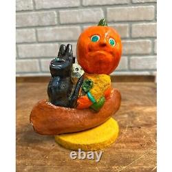 RARE Vintage Halloween Candy Container Pumpkinhead JOL Black Cat Skull in Canoe