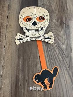 RARE Vintage Halloween Mechanical Skull Crossbones Cat Pendulum Diecut Beistle