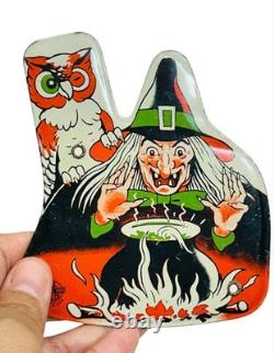 RARE Vintage Halloween Witch Noisemaker Tin Litho Owl Cauldron U. S. Metal Toy