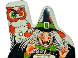 RARE Vintage Halloween Witch Noisemaker Tin Litho Owl Cauldron U. S. Metal Toy
