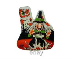 RARE Vintage Halloween Witch Noisemaker Tin Litho Owl Cauldron U. S. Metal Toy