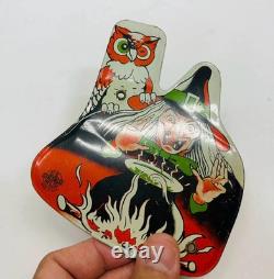 RARE Vintage Halloween Witch Noisemaker Tin Litho Owl Cauldron U. S. Metal Toy