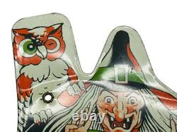 RARE Vintage Halloween Witch Noisemaker Tin Litho Owl Cauldron U. S. Metal Toy