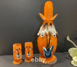 RARE Vintage Italian Murano Halloween Orange Clown Decanter with 2 Glasses