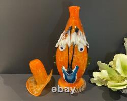 RARE Vintage Italian Murano Halloween Orange Clown Decanter with 2 Glasses