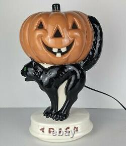 RARE Vintage LIGHT-UP Ceramic Halloween PUMPKIN Jack-O-Lantern on BLACK CAT JOL