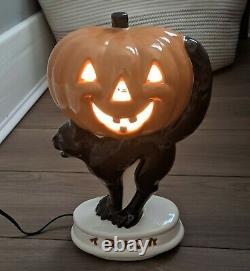 RARE Vintage LIGHT-UP Ceramic Halloween PUMPKIN Jack-O-Lantern on BLACK CAT JOL