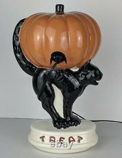 RARE Vintage LIGHT-UP Ceramic Halloween PUMPKIN Jack-O-Lantern on BLACK CAT JOL