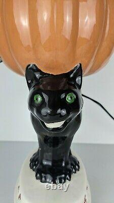 RARE Vintage LIGHT-UP Ceramic Halloween PUMPKIN Jack-O-Lantern on BLACK CAT JOL