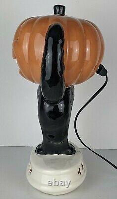 RARE Vintage LIGHT-UP Ceramic Halloween PUMPKIN Jack-O-Lantern on BLACK CAT JOL