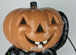 RARE Vintage LIGHT-UP Ceramic Halloween PUMPKIN Jack-O-Lantern on BLACK CAT JOL