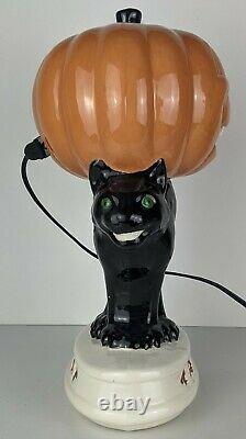 RARE Vintage LIGHT-UP Ceramic Halloween PUMPKIN Jack-O-Lantern on BLACK CAT JOL