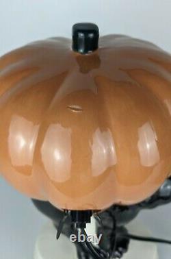 RARE Vintage LIGHT-UP Ceramic Halloween PUMPKIN Jack-O-Lantern on BLACK CAT JOL